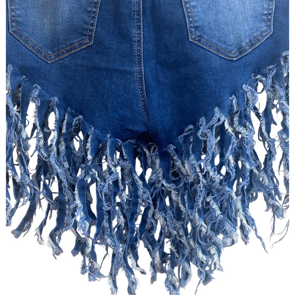 JC & JQ Blue Denim High Waisted Fringe Tassel Shorts HS2309 Medium Wash Womens S - Picture 6 of 6